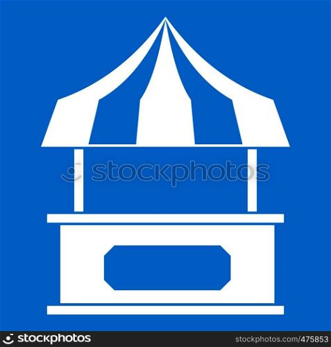 Store kiosk with striped awning icon white isolated on blue background vector illustration. Store kiosk with striped awning icon white