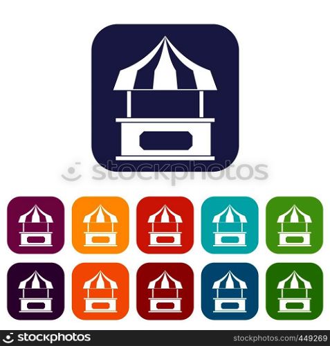 Store kiosk with striped awning icons set vector illustration in flat style In colors red, blue, green and other. Store kiosk with striped awning icons set flat