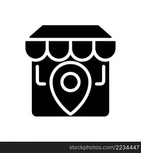 Store location black glyph icon. Physical shop position. Website information. Market address. Online shopping. Silhouette symbol on white space. Solid pictogram. Vector isolated illustration. Store location black glyph icon