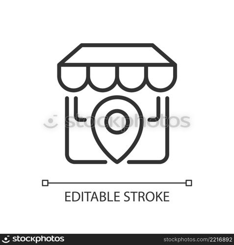 Store location pixel perfect linear icon. Physical shop position. Website information. Market address. Thin line illustration. Contour symbol. Vector outline drawing. Editable stroke. Arial font used. Store location pixel perfect linear icon