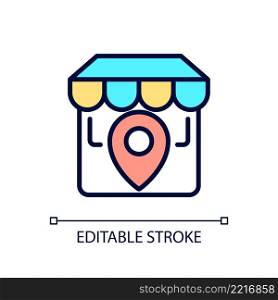 Store location pixel perfect RGB color icon. Physical shop position. Website information. Market address. Isolated vector illustration. Simple filled line drawing. Editable stroke. Arial font used. Store location pixel perfect RGB color icon
