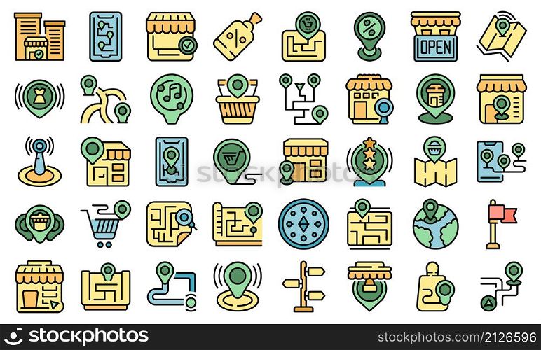 Store locator icons set outline vector. Travel area. Market map. Store locator icons set vector flat