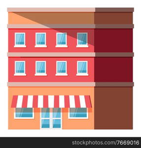 Store or shop, city street building, multi-storey construction vector. Town or city house, striped tent and glass door, urban architecture, facade. City Street Building, Multi-Storey Construction