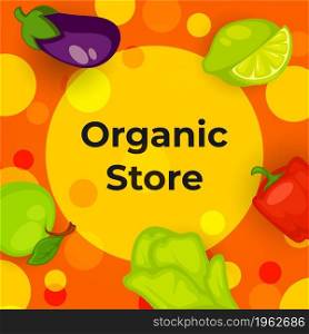 Store or shop with organic vegetables and fruits. Veggies for healthy eating and dieting. Aubergine and lime citrus fruit slice. Bell pepper and apples, salad leaves. Banner vector in flat style. Organic store with vegetables and fruits vector