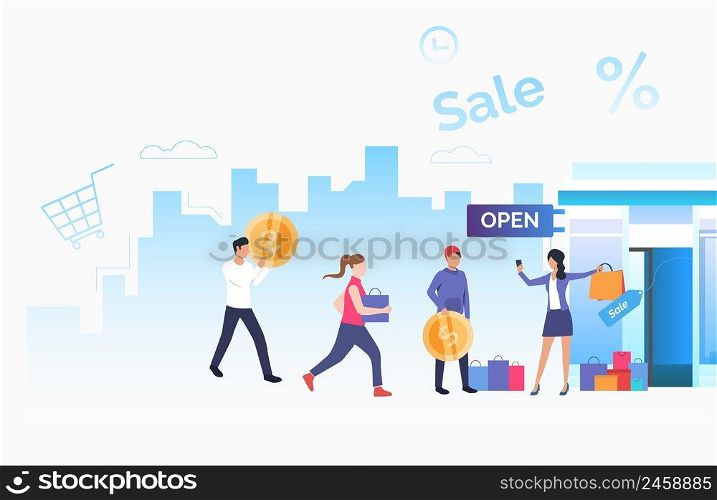 Store owner inviting customers. Male and female cartoon characters running to opened store. Vector illustration for commercial, promo, small business