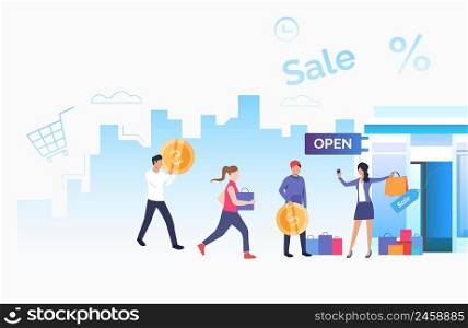 Store owner inviting customers. Male and female cartoon characters running to opened store. Vector illustration for commercial, promo, small business