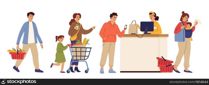 Store queue. Cartoon waiting line, food shopping market or supermarket. Customer group, people crowd in grocery to pay. Buyers and cashier vector characters. Queue public in supermarket illustration. Store queue. Cartoon waiting line, food shopping market or supermarket. Customer group, people crowd in grocery to pay. Buyers and cashier vector characters