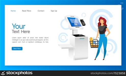 Store self service kiosk landing page vector template. Payment machine website interface idea with flat illustrations. Digital banking homepage layout. Shopping pay pass terminal web banner