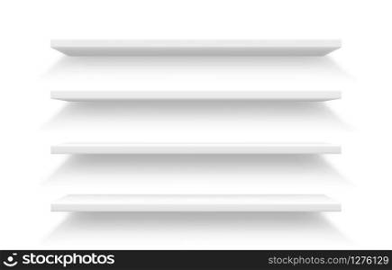 Store shelves of shop or market showcase display, retail industry realistic design. Vector mockup of white empty supermarket stand racks or bookshelves with shadows, product merchandising themes. Shelves of store or shop showcase display