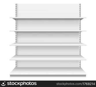 Store shelves. White empty supermarket shelf. Realistic front view showcase display for product advertising. Retail shelving vector template. Blank shop furniture indoor interior isolated