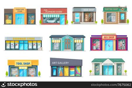 Store, shop and art gallery buildings with vector storefront windows, glass front doors and awnings. Isolated objects of retail business property and commercial real estate, hunting and plumbing store. Store, shop and art gallery buildings, vector