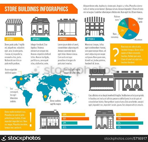 Store shop business buildings infographics set with world map and chart templates vector illustration