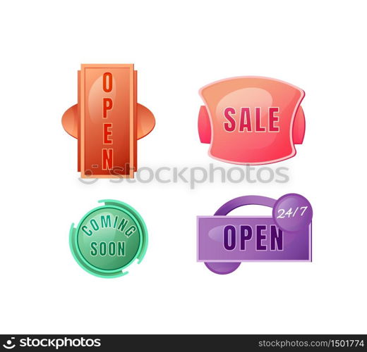 Store vector board sign illustrations set. Shop signboard designs pack with typography. Opened 24 hours and sale promotion banners isolated objects on white background. Advertising storefront signs. Store vector board sign illustrations set