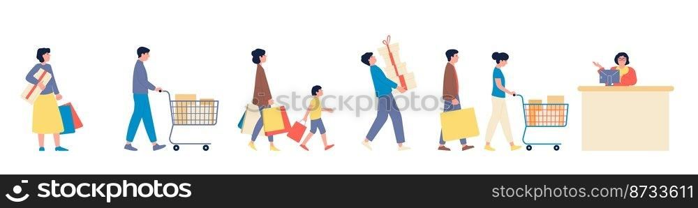 Store waiting line. People queue with purchases to cashier, persons in row. Grocery store characters, woman man wait to pay, flat cartoon vector. Illustration of queue male and female to purchase. Store waiting line. People queue with purchases to cashier, persons in row. Grocery store characters, woman man wait to pay, flat cartoon recent vector scene