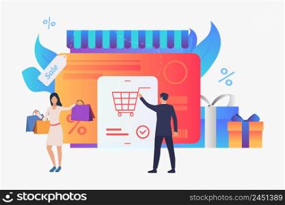 Store with credit card, gift boxes, buyers vector illustration. Purchase, sale, e-commerce. Shopping concept. Creative design for website templates, posters, banners