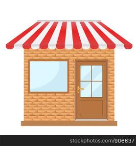 Storefront with window and door, facade of the building shop with red awning, stock vector illustration
