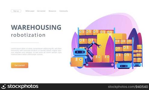 Storehouse automatic packages loading technology. Warehousing robotization, warehouse robotics engineering, self-driving forklifts concept. Website homepage landing web page template.. Warehousing robotization concept landing page