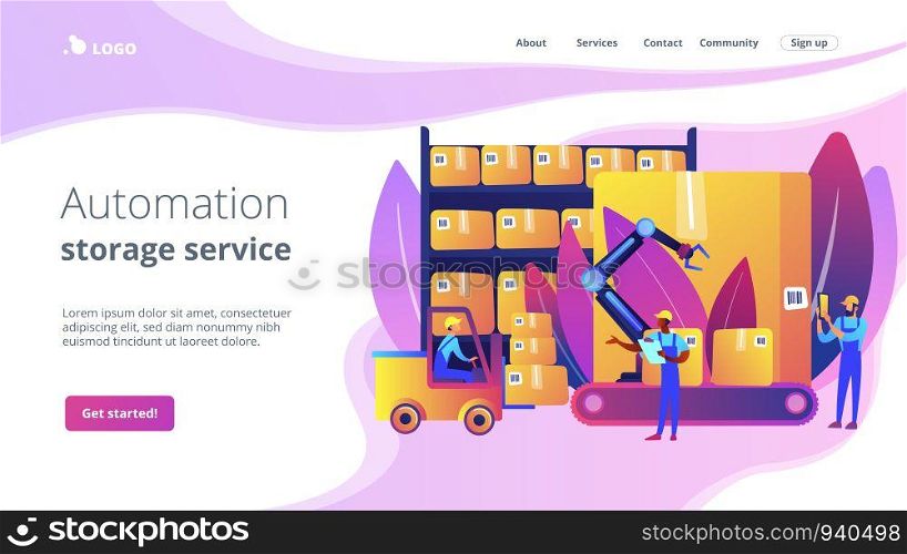 Storehouse employees working, transporting goods boxes. Warehouse logistics, RFID technology use, automation storage service concept. Website homepage landing web page template.. Warehouse logistics concept landing page.