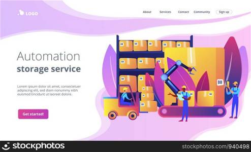 Storehouse employees working, transporting goods boxes. Warehouse logistics, RFID technology use, automation storage service concept. Website homepage landing web page template.. Warehouse logistics concept landing page.