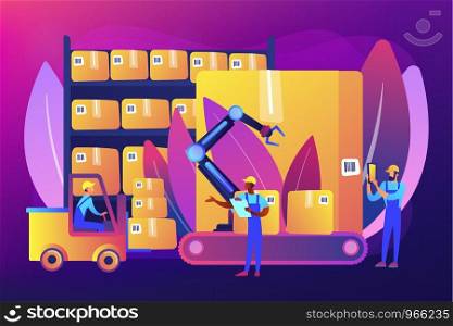 Storehouse employees working, transporting goods boxes. Warehouse logistics, RFID technology use, automation storage service concept. Bright vibrant violet vector isolated illustration