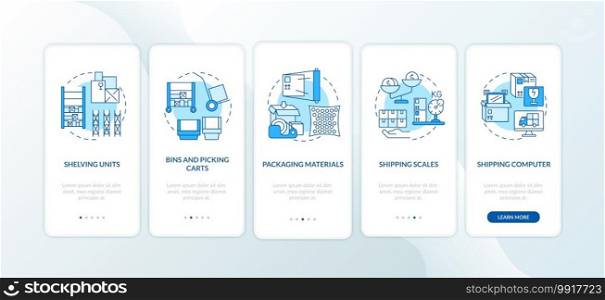 Storehouse management blue onboarding mobile app page screen with concepts. Warehouse order organization walkthrough 5 steps graphic instructions. UI vector template with RGB color illustrations. Storehouse management blue onboarding mobile app page screen with concepts