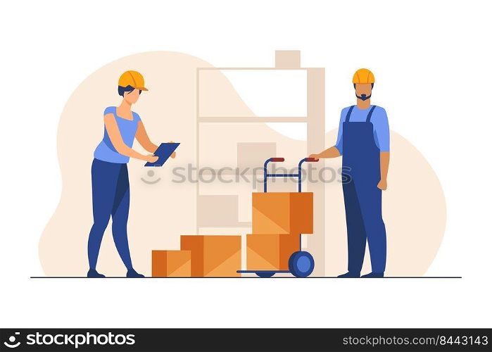 Storehouse workers keeping records of boxes. Warehouse employees in helmets with packages flat vector illustration. Logistics, shipment concept for banner, website design or landing web page