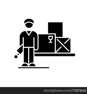 Storekeeper black glyph icon. Warehouse worker, person responsible for storing goods. Merchandise storage and storehouse manager. Silhouette symbol on white space. Vector isolated illustration