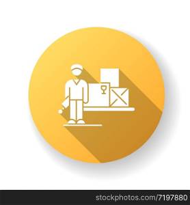 Storekeeper yellow flat design long shadow glyph icon. Warehouse worker, person responsible for storing goods. Merchandise storage and storehouse manager. Silhouette RGB color illustration