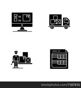 Storekeeping and inventory tracking system black glyph icons set on white space. Goods delivery and receipt, merchandise quantity control database. Silhouette symbols. Vector isolated illustration