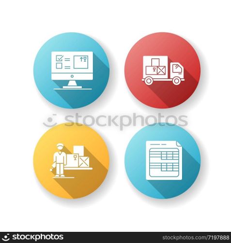 Storekeeping and inventory tracking system flat design long shadow glyph icons set. Goods delivery and receipt, merchandise quantity control database. Silhouette RGB color illustration