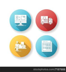 Storekeeping and inventory tracking system flat design long shadow glyph icons set. Goods delivery and receipt, merchandise quantity control database. Silhouette RGB color illustration