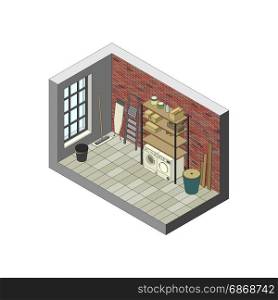 Storeroom in isometric view.. Storeroom in isometric view. Vector illustration of utility room.