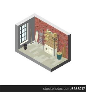 Storeroom in isometric view.. Storeroom in isometric view. Vector illustration of utility room with shelving.