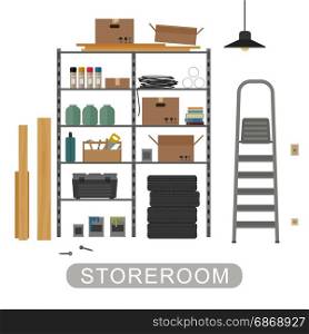 Storeroom interior on white background.. Storeroom with metal storage. Vector banner of garage or storeroom in flat style.