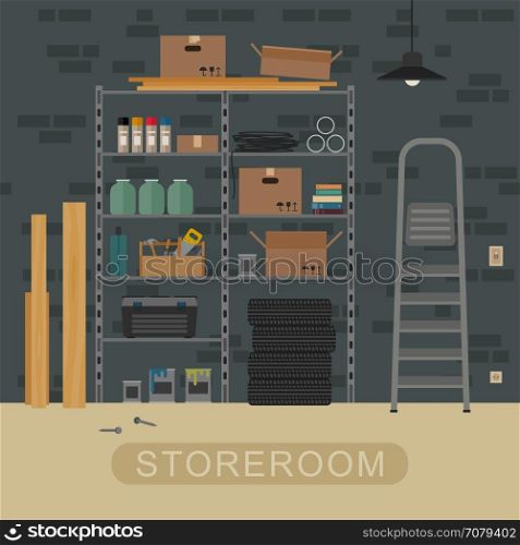 Storeroom interior with brickwall.. Storeroom interior with metal storage. Vector illustration of garage or storeroom.