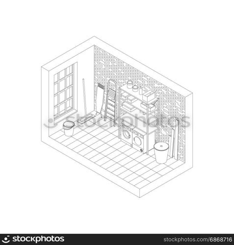 Storeroom line drawing. Storeroom line drawing in isometric view. Vector illustration of utility room.