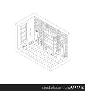 Storeroom line drawing. Storeroom line drawing in isometric view. Vector illustration of utility room.