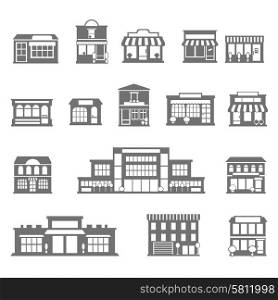 Stores and malls black white icons set. Stores malls buildings and shopping black white icons set flat isolated vector illustration