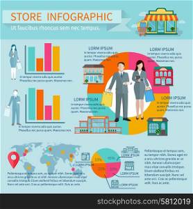 Stores infographic set. Stores buildings and shopping infographic set with figures percentage and diagrams flat vector illustration