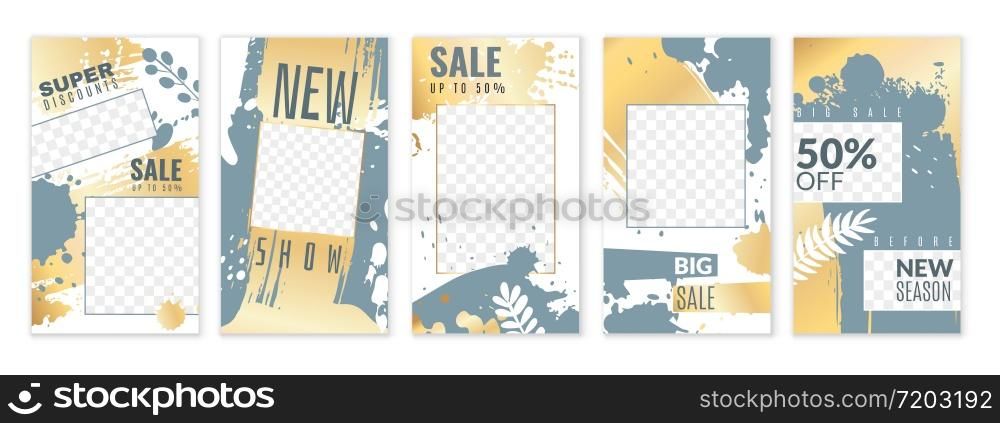 Stories. Personal blog social networks posts, trendy editable media stories, cover frame background with gold texture vector design template set. Stories. Personal blog social networks posts, trendy editable media stories, cover frame background with gold texture vector set