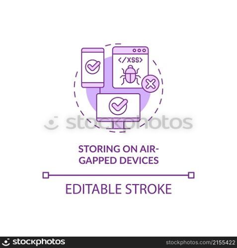 Storing on air-gapped devices purple concept icon. Personal data abstract idea thin line illustration. Isolated outline drawing. Editable stroke. Roboto-Medium, Myriad Pro-Bold fonts used. Storing on air-gapped devices purple concept icon