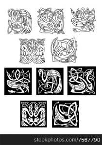 Stork and heron birds in celtic ornaments or patterns in black and white on both a white and black background, vector illustration