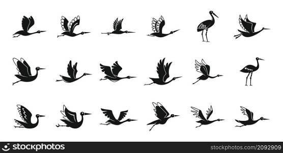 Stork bird icons set simple vector. Bird fly. Newborn stork. Stork bird icons set simple vector. Bird fly