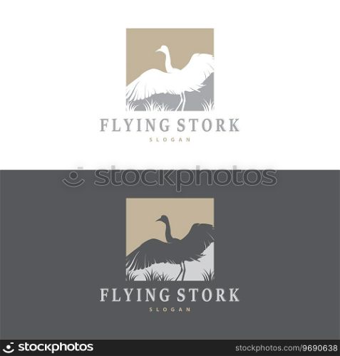 Stork Bird Logo, Heron, Grass, And River Design, Vector Simple Template illustration