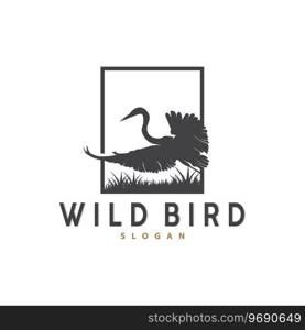 Stork Bird Logo, Heron, Grass, And River Design, Vector Simple Template illustration