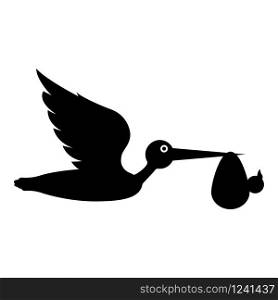 Stork carries baby in bag Flying bird with kind in beak bundle icon black color vector illustration flat style simple image. Stork carries baby in bag Flying bird with kind in beak bundle icon black color vector illustration flat style image