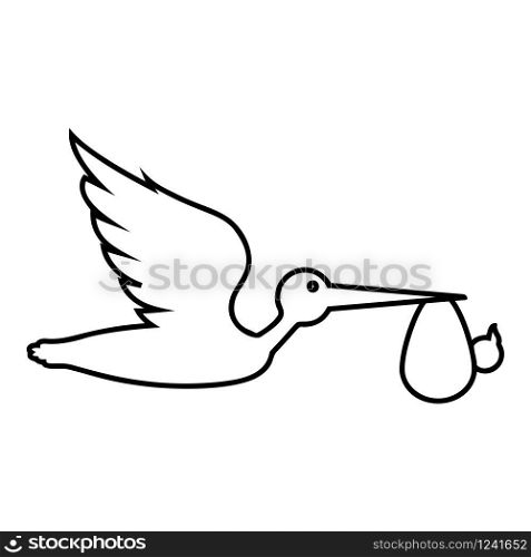 Stork carries baby in bag Flying bird with kind in beak bundle icon outline black color vector illustration flat style simple image. Stork carries baby in bag Flying bird with kind in beak bundle icon outline black color vector illustration flat style image