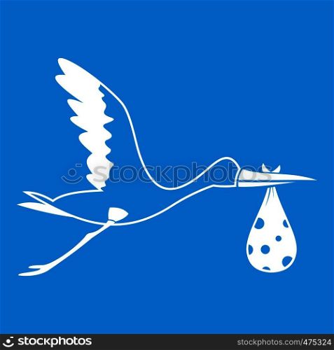 Stork carrying icon white isolated on blue background vector illustration. Stork carrying icon white