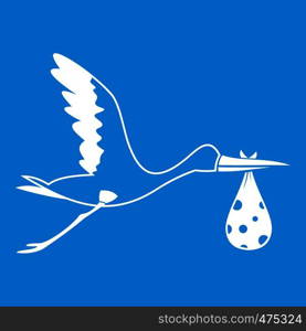 Stork carrying icon white isolated on blue background vector illustration. Stork carrying icon white