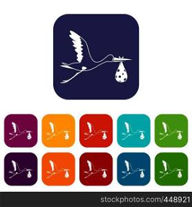 Stork carrying icons set vector illustration in flat style In colors red, blue, green and other. Stork carrying icons set flat